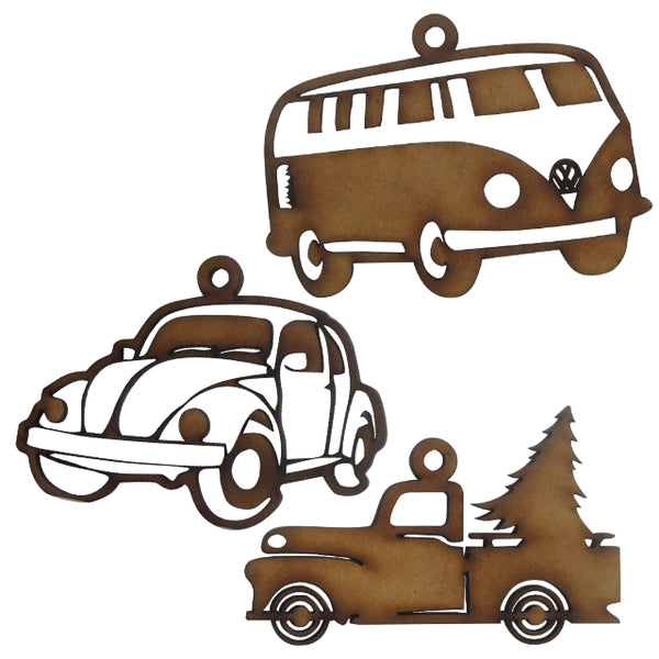 Paquete de 3 colgantes decorativos navideños en forma de carros mdf 3mm - 8x6cm (8642)